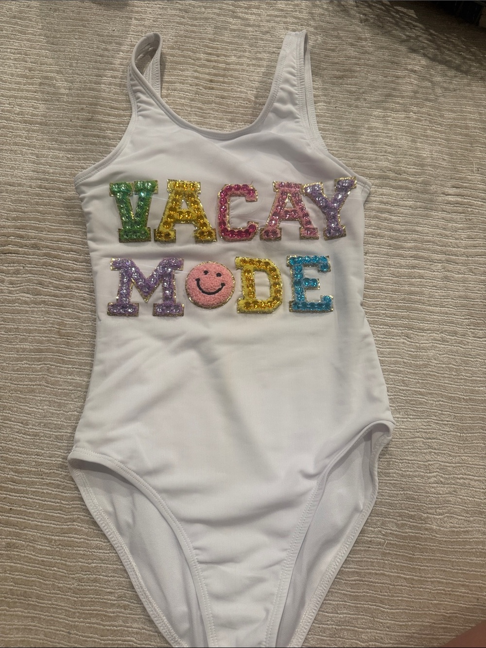 Lola + The Boys White One-Piece Swimsuit with Colorful Sequin 'VACAY MODE'